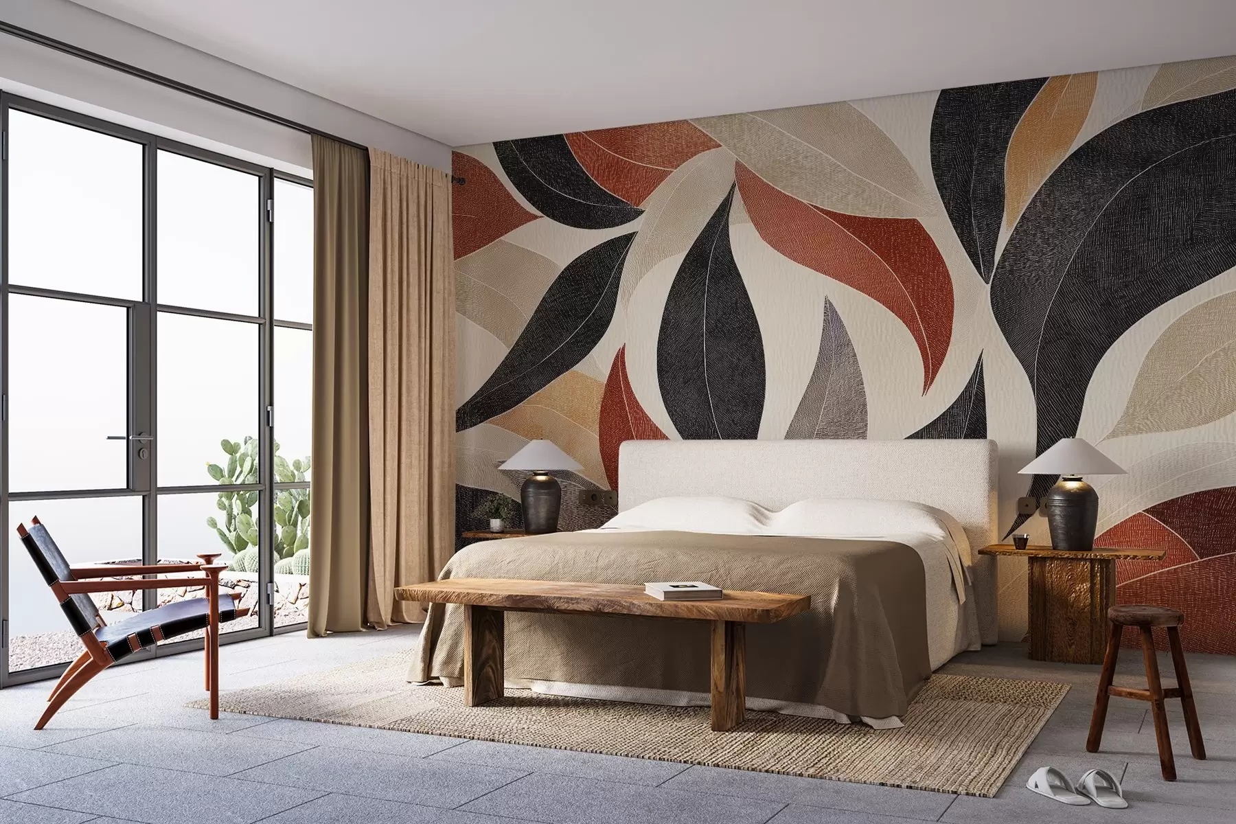 Fototapeedid abstraktsed lehed mahedates toonides - beež, terrakota ja tumehall. w02452