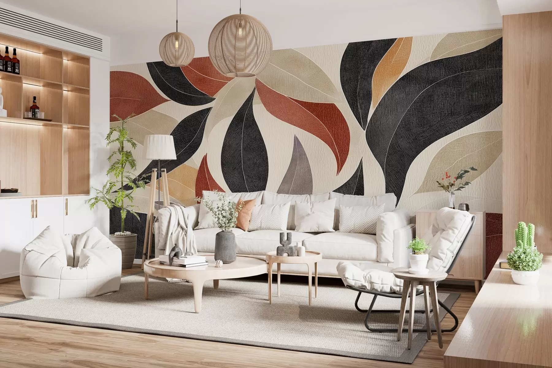 Fototapeedid abstraktsed lehed mahedates toonides - beež, terrakota ja tumehall. w02452