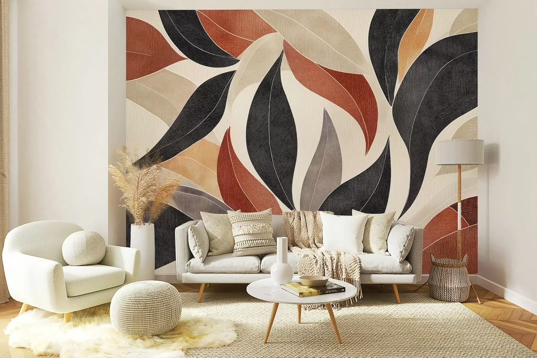 Fototapeedid abstraktsed lehed mahedates toonides - beež, terrakota ja tumehall. w02452