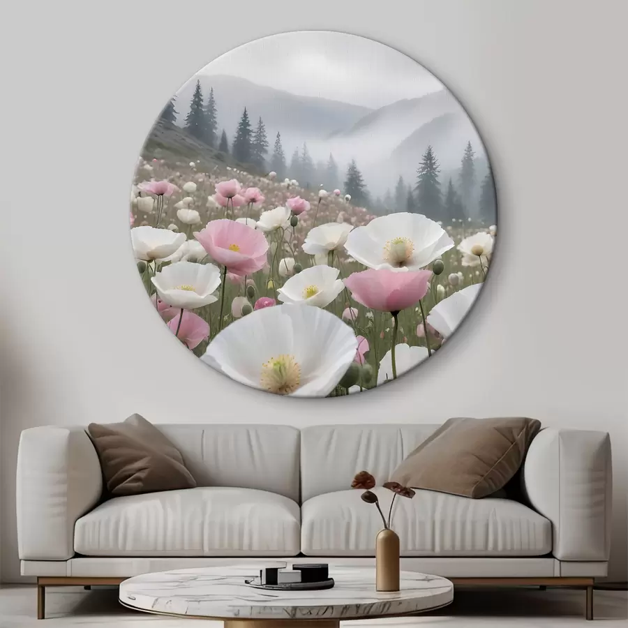 Fototapeedid Taamal mägimaastikul roosade ja valgete moonide põld r38369