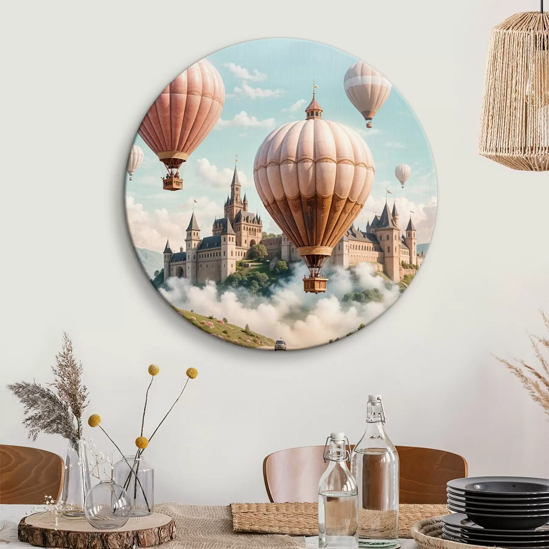 Pilt Fantaasialoss, mida ümbritsevad roosad kuumaõhupallid, mis hõljuvad pilves taevas lopsaka rohelise maastiku kohal r39387