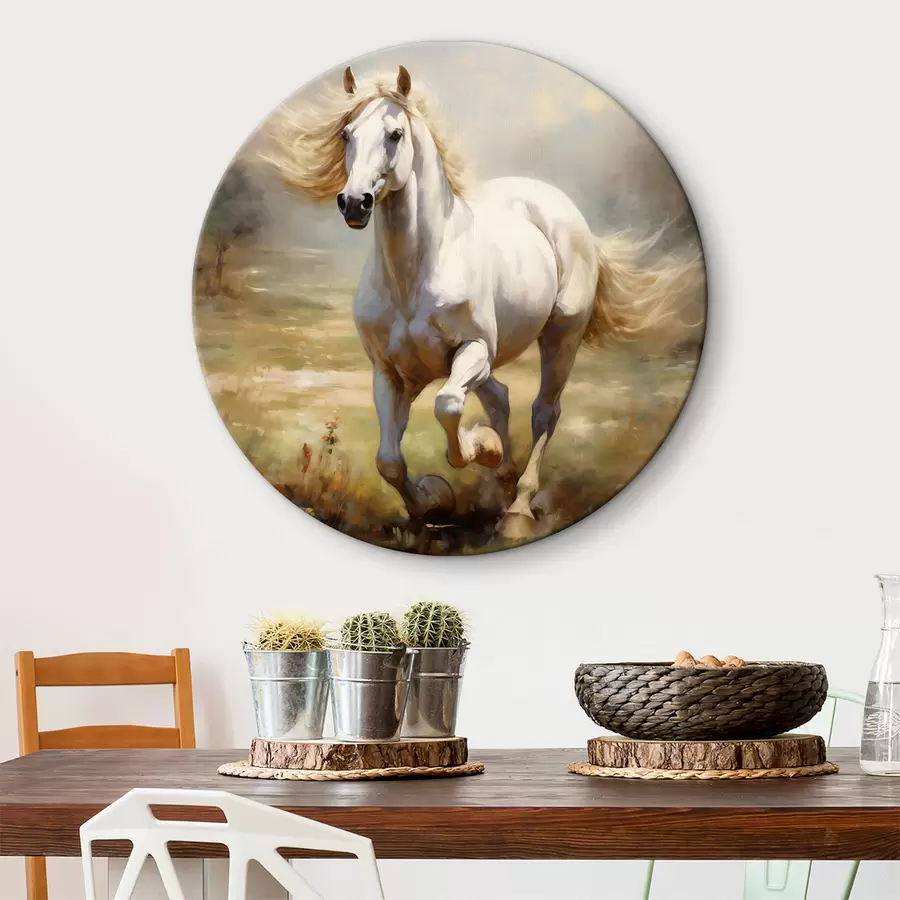 Pilt Valge hobune kappamas üle heinamaa õlimaal r39818