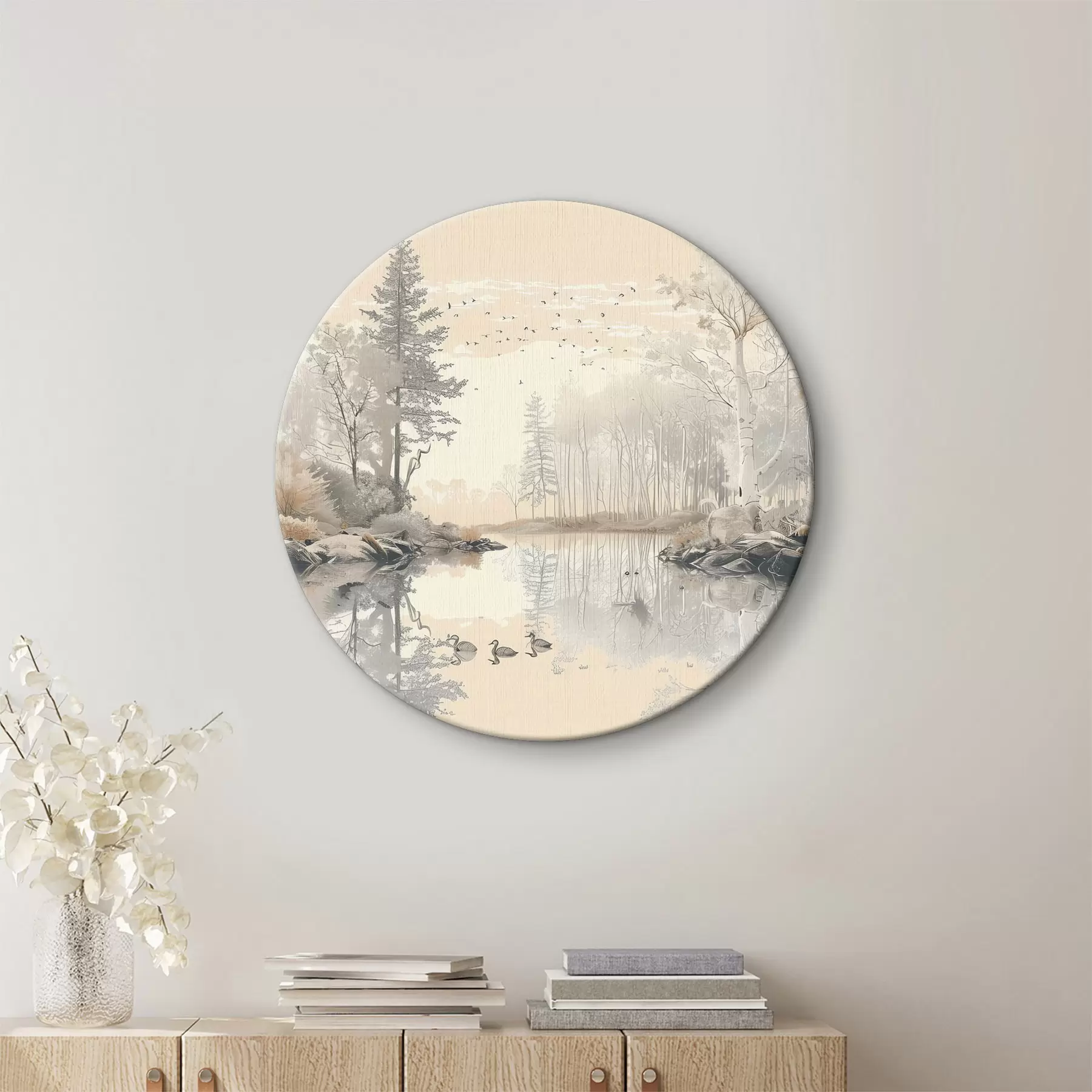 Pilt Kaunis loodusmaastik, tiik ja puud, elusloodus, pehmed pastelsed värvid r39980