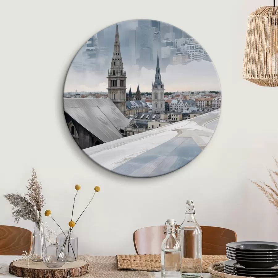 Pilt Abstraktne linnapilt katedraali ja tornidega esiplaanil, ümbritsetud pilvelõhkujatega r40017