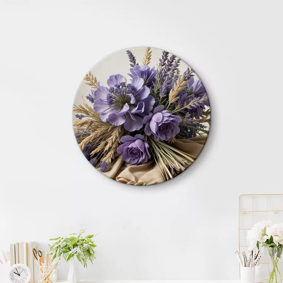 Fototapeedid Lillade lillede kimp, sealhulgas pojengid ja lavendel, heledal taustal nisuvarred r40030