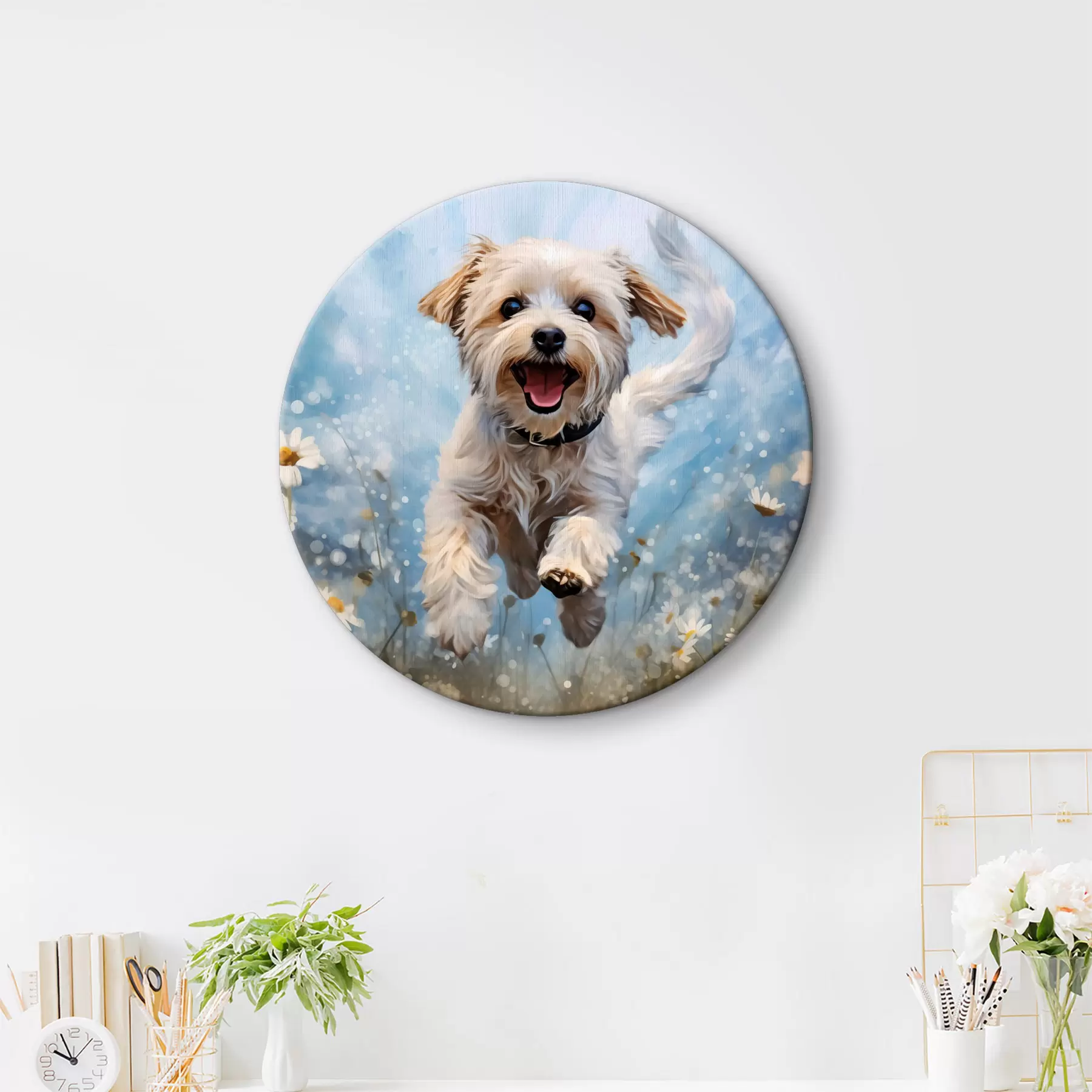 Pilt Väike valge koer hüppab karikakrate vahel sinisel akvarelli taustal r40092