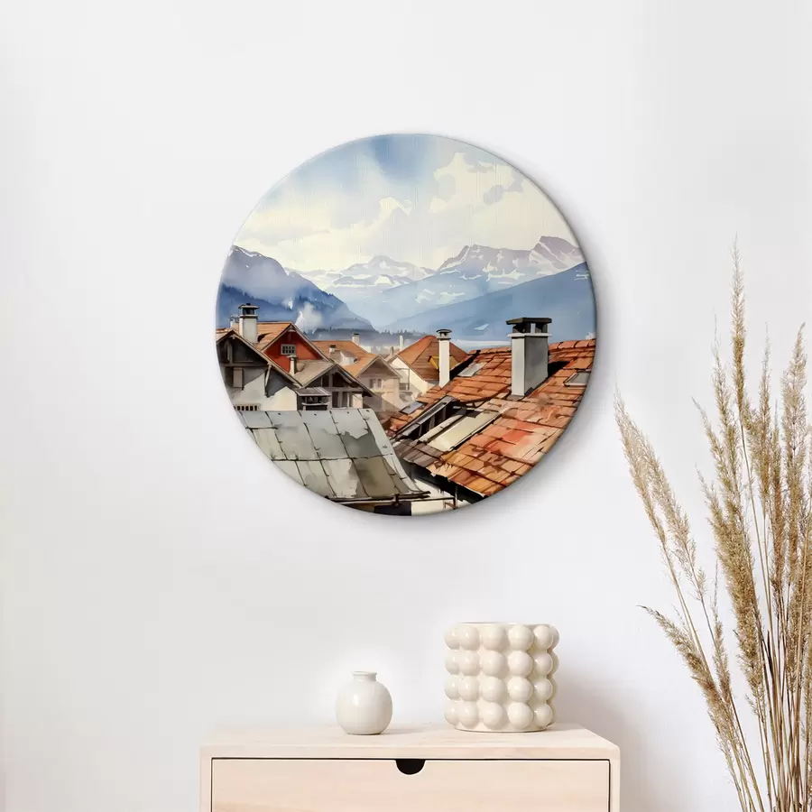 Pilt Külamajade katused mägede taustal akvarell r40107