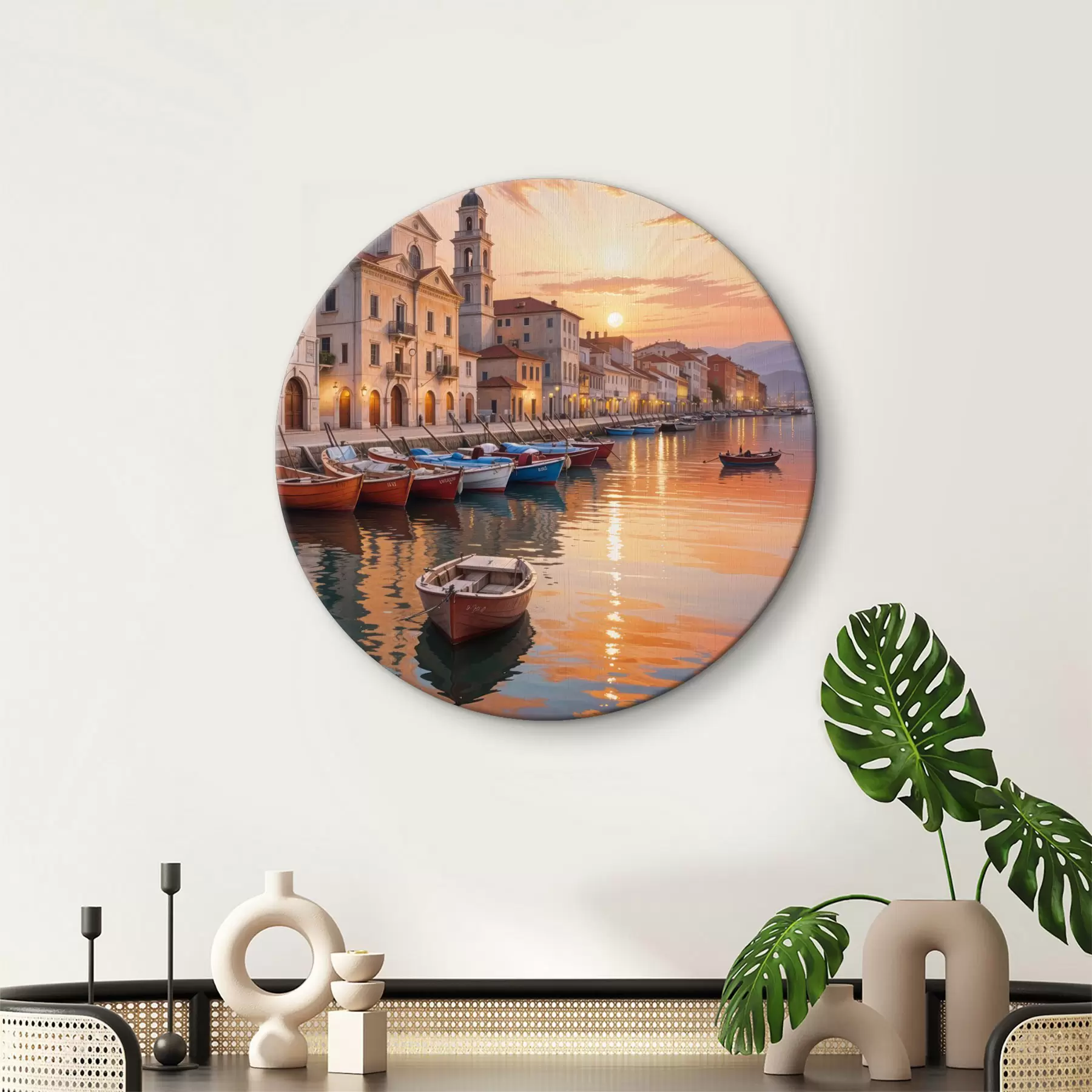 Pilt Itaalia rannikulinn päikeseloojangul, rannaäärt ääristavad värvilised hooned ja vaikses vees hõljuvad paadid r40150