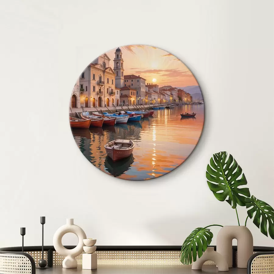 Pilt Itaalia rannikulinn päikeseloojangul, rannaäärt ääristavad värvilised hooned ja vaikses vees hõljuvad paadid r40150