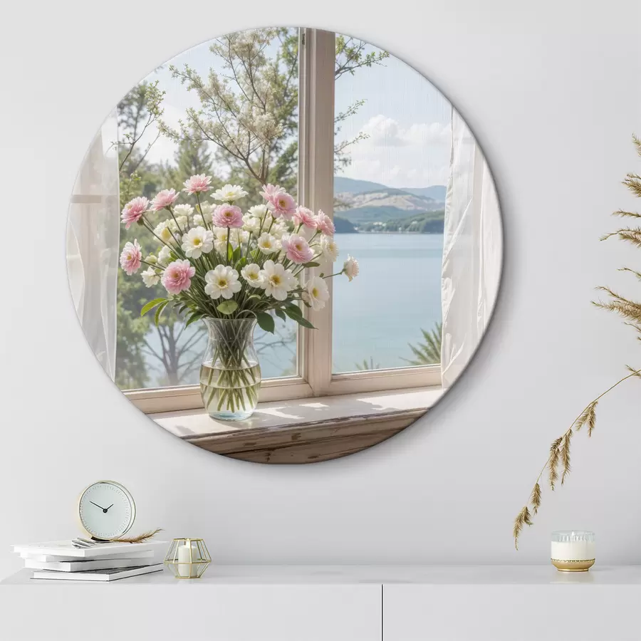 Pilt Roosade ja valgete lillede kimp aknalauale asetatud klaasvaasis maalilise järve ja mägedega r40151