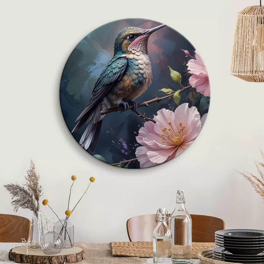 Pilt Oksal istub värviline koolibri, mille taustal säravad roosad õied r40155