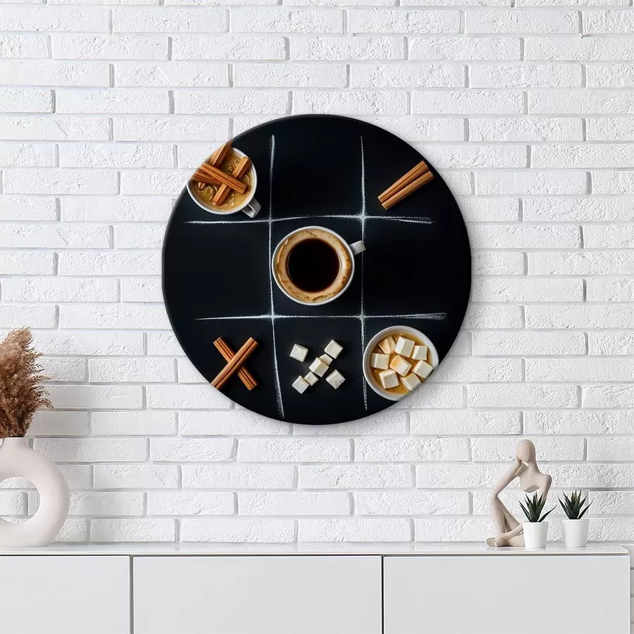 Fototapeedid Tass kohvi kaneelipulkade, suhkrukuubikute ja vahukommidega, mis on paigutatud tic-tac-toe-võrku r40163