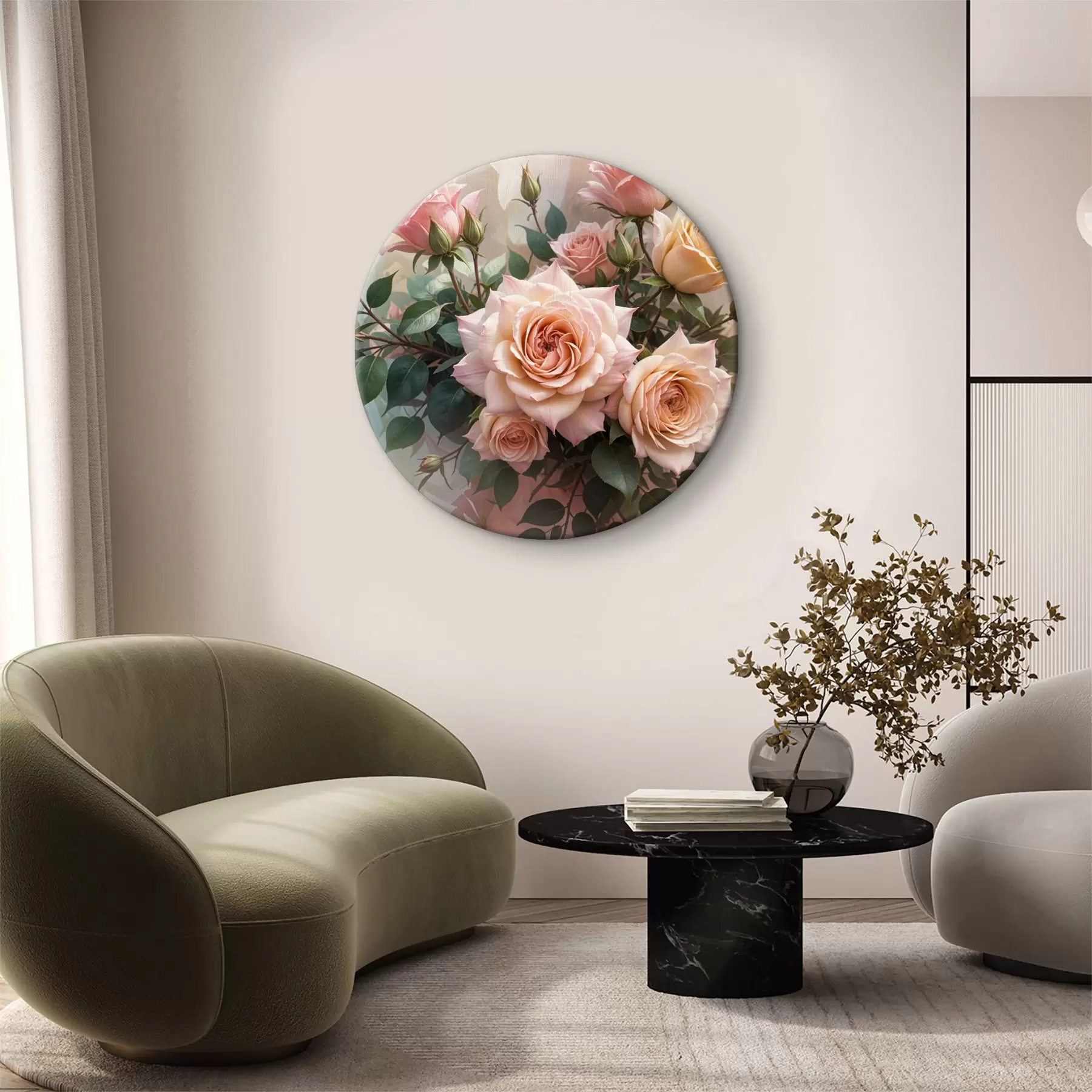 Pilt Roheliste lehtedega kaunite roosade rooside kimp pehmel udusel taustal r40168