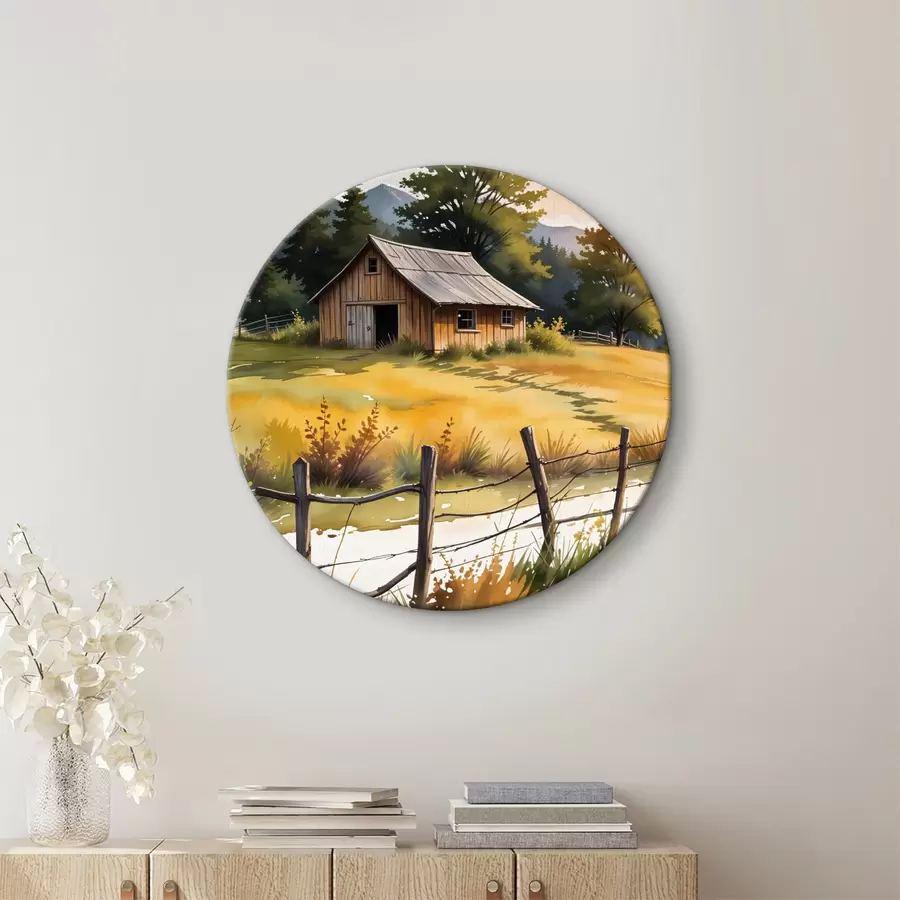 Pilt Vana puumaja maapiirkonnas, ümbritsetud rohuväljade, männipuude ja mägedega r40394