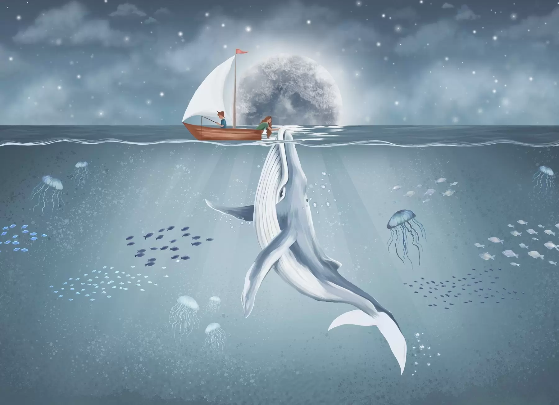 Fototapeedid Laste disain koos vaala, kuu ja paadiga koos lastega w02476