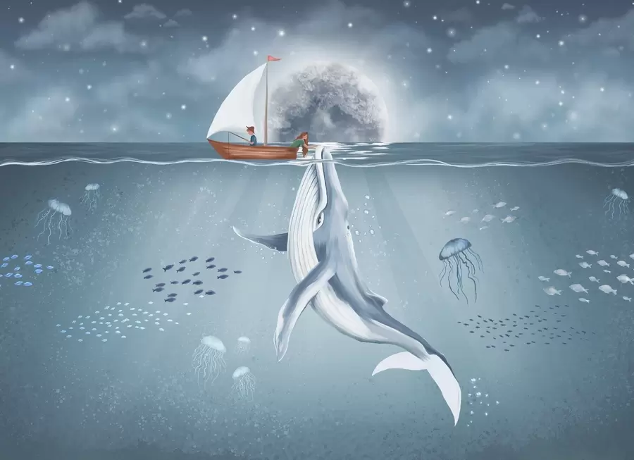 Fototapeedid Laste disain koos vaala, kuu ja paadiga koos lastega w02476