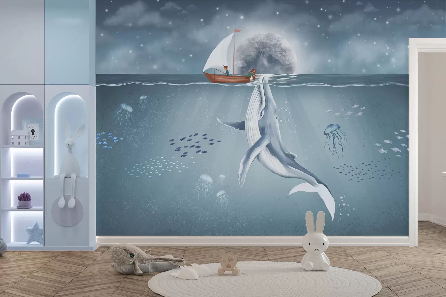 Fototapeedid Laste disain koos vaala, kuu ja paadiga koos lastega w02476