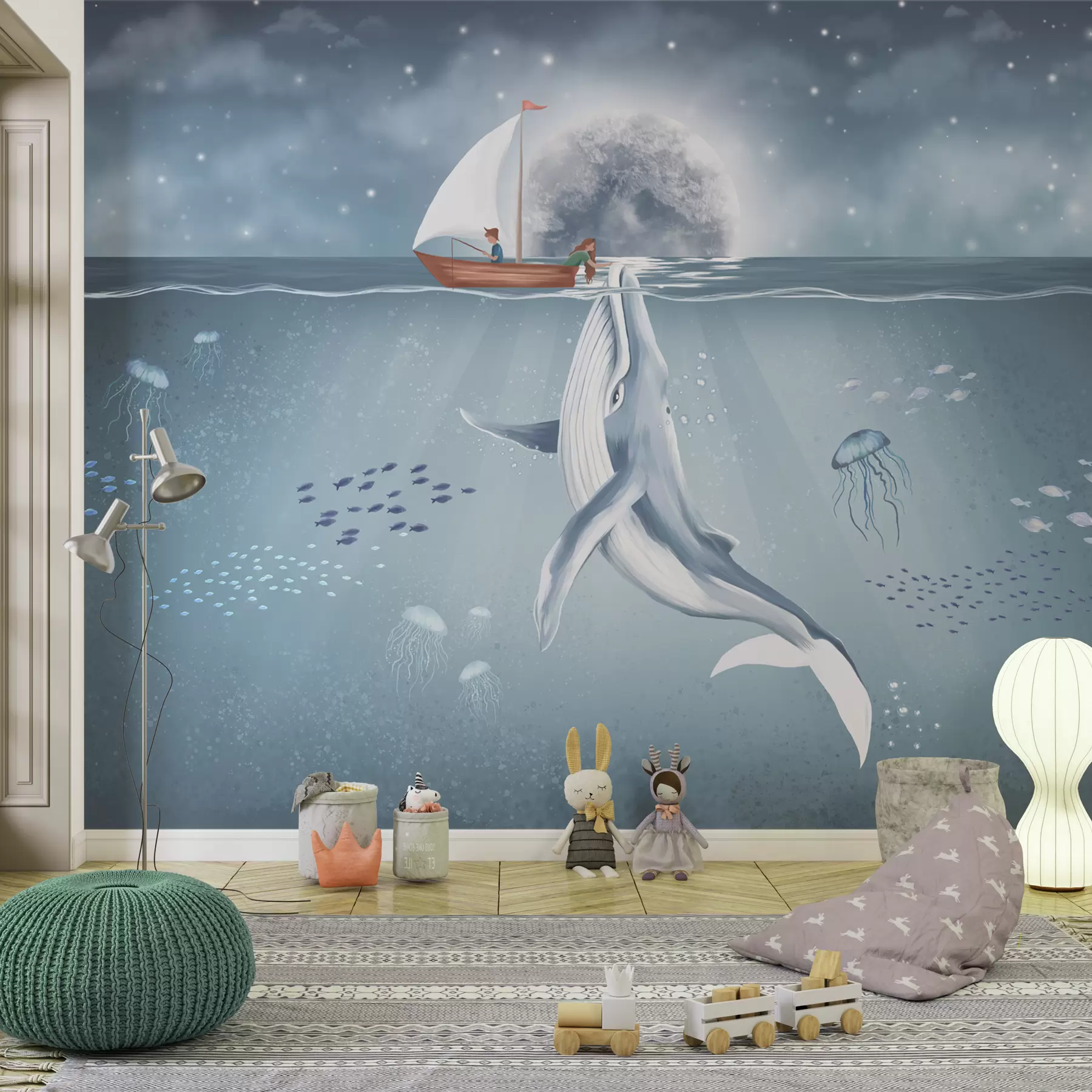 Fototapeedid Laste disain koos vaala, kuu ja paadiga koos lastega w02476
