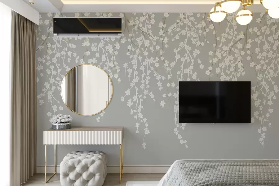 Fototapeedid Voolavad õrnad oksad koos lilledega hallil taustal w02479v1