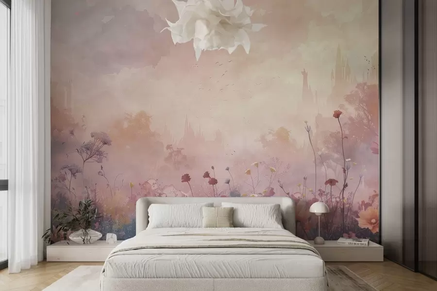 Fototapeedid Metsikud lilled lossi silueti taustal w08478