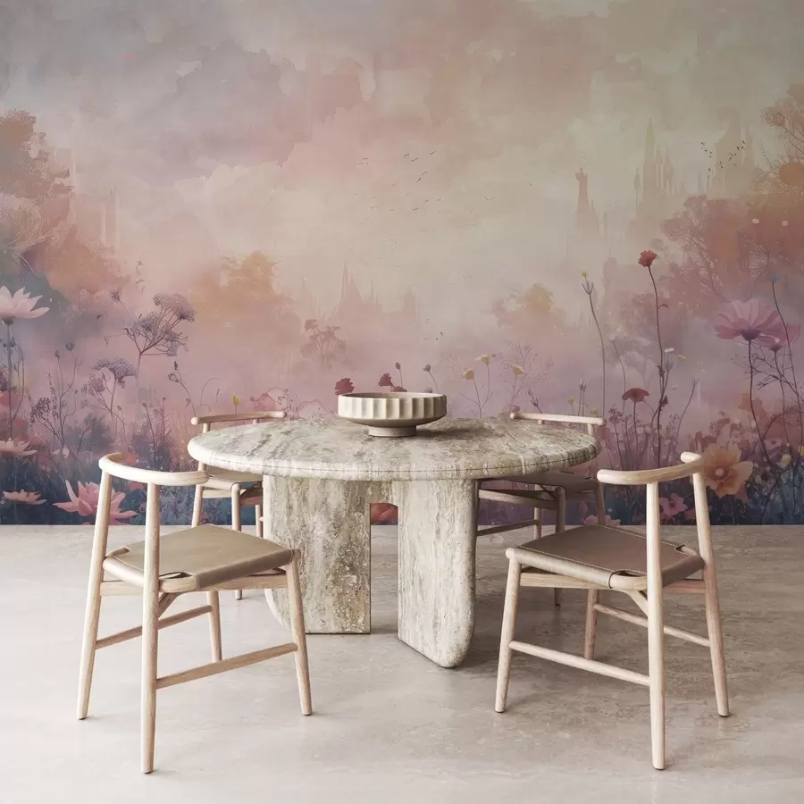 Fototapeedid Metsikud lilled lossi silueti taustal w08478