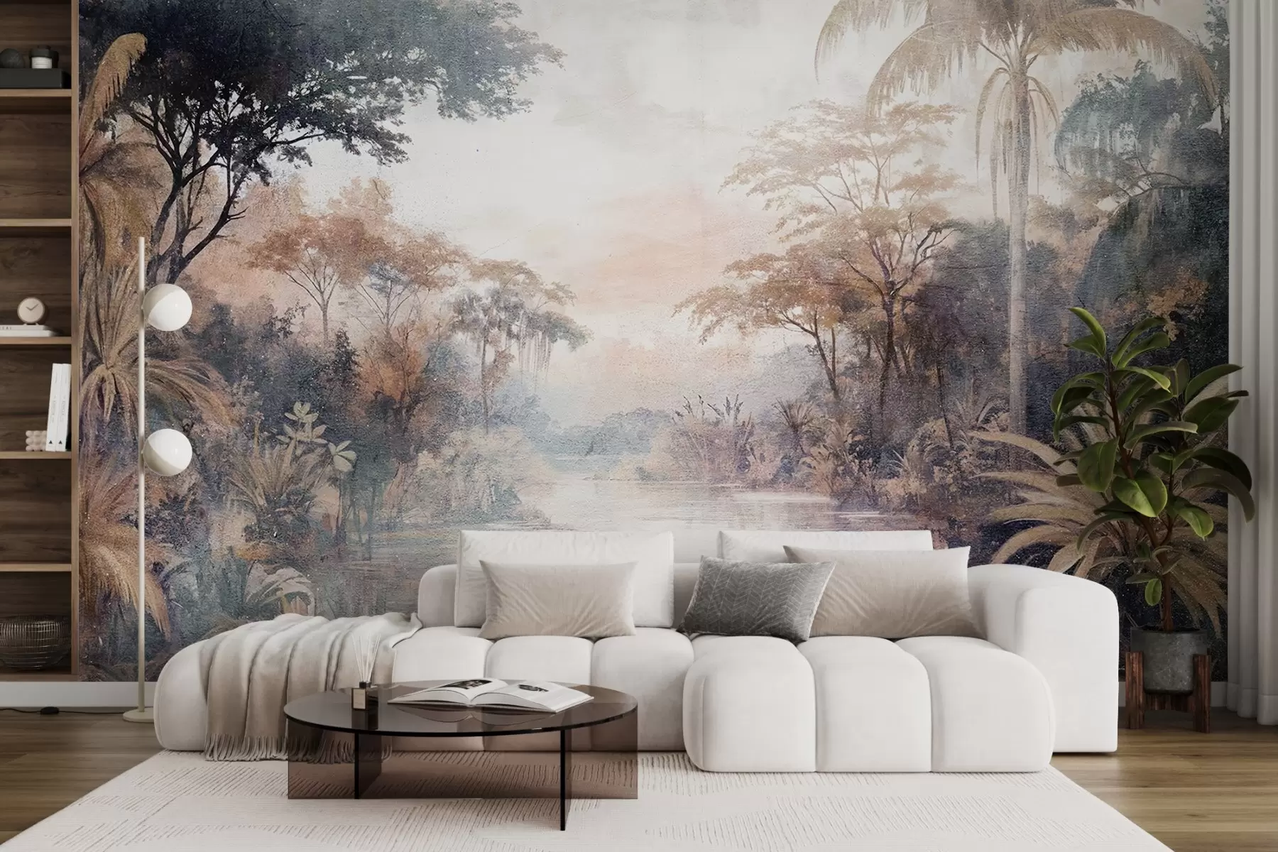 Fototapeedid Tekstuurne troopiline maastik, kus on rahulik jõgi, mida ümbritsevad lopsakad palmid, põõsad ja muud lehestikud w08460