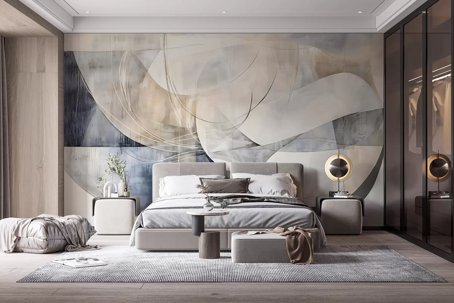 Fototapeedid Abstraktsed kujundid ja vormid valge, halli, beeži ja sinise varjundiga hägusa tekstuuriga taustal w08461