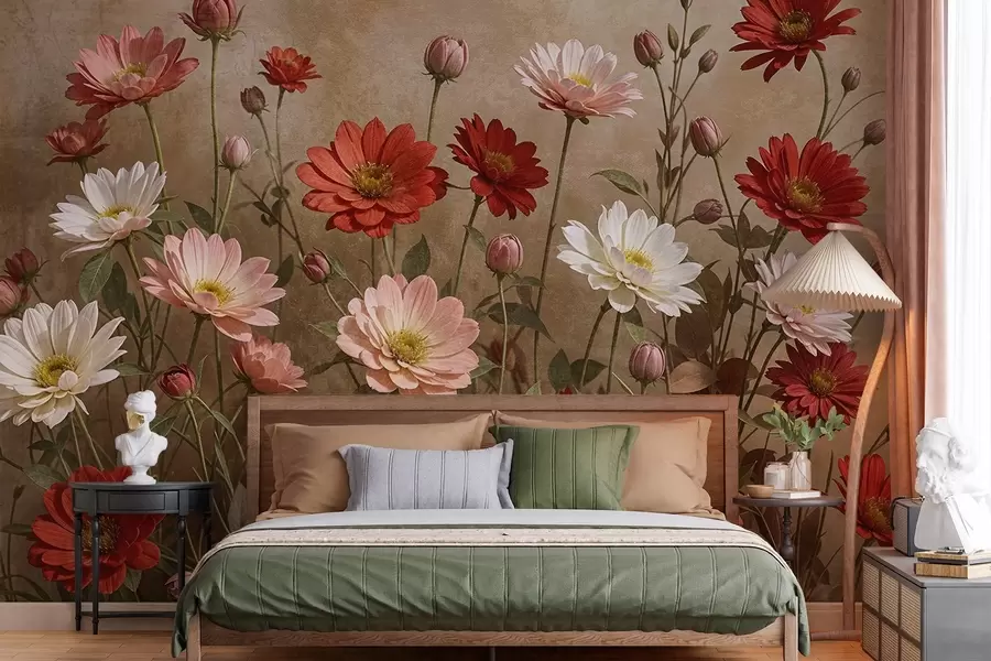 Fototapeedid Värviline, roosa , punase ja valge tooniga värviline lillepõld tekstuurilisel taustal w08462