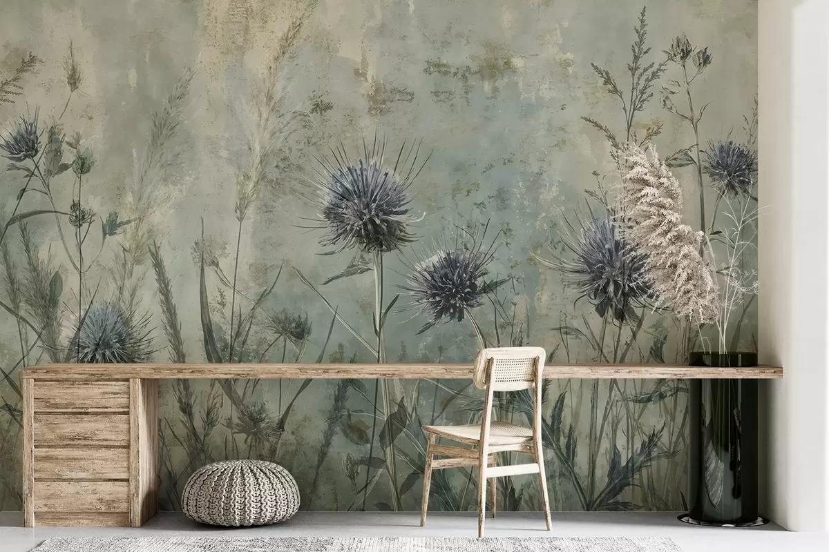 Fototapeedid Lillade ohakate lillede väli, mille õied ja lehed on hägused vintage-tekstuuriga taustal w08463