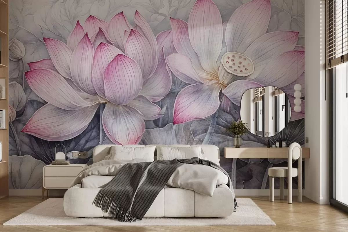 Fototapeedid Mitmed üksikasjalikud tekstuuriga suured roosad lootoslilled hallikasroheliste lehtede ja varrega heledal taustal w08465