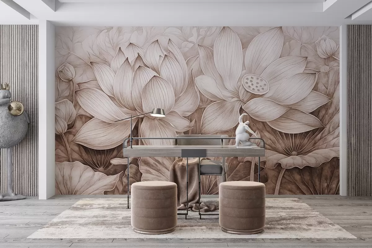 Fototapeedid Mitmed üksikasjalikud tekstuuriga suured beežid lootoslilled koos pruunide lehtede ja varrega heledal taustal w08465v1