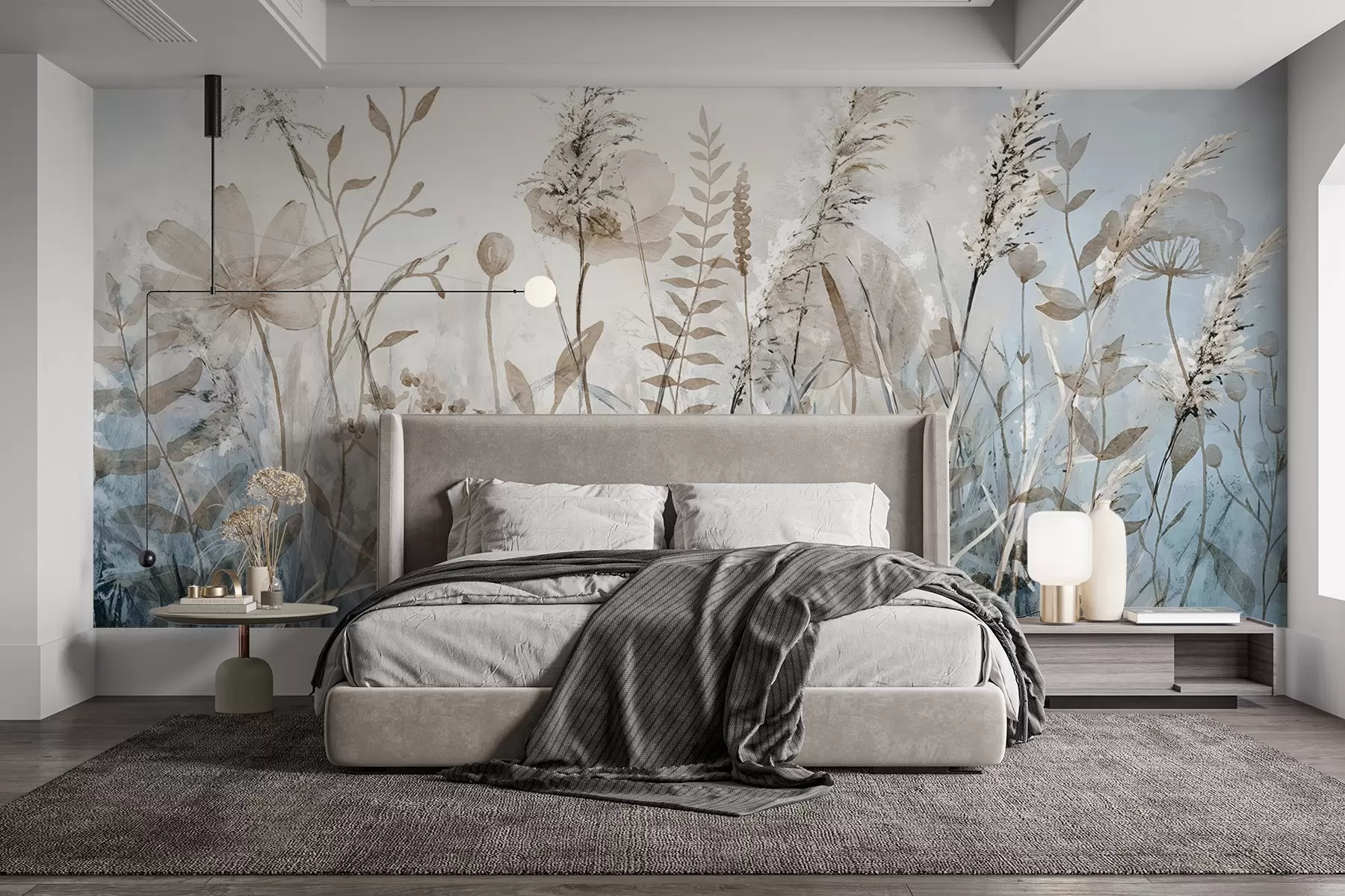 Fototapeedid Kõrge rohu, looduslike lehtede ja taimede pehme, vildakate tekstuuridega väli uduse, pilvise taeva taustal w08472