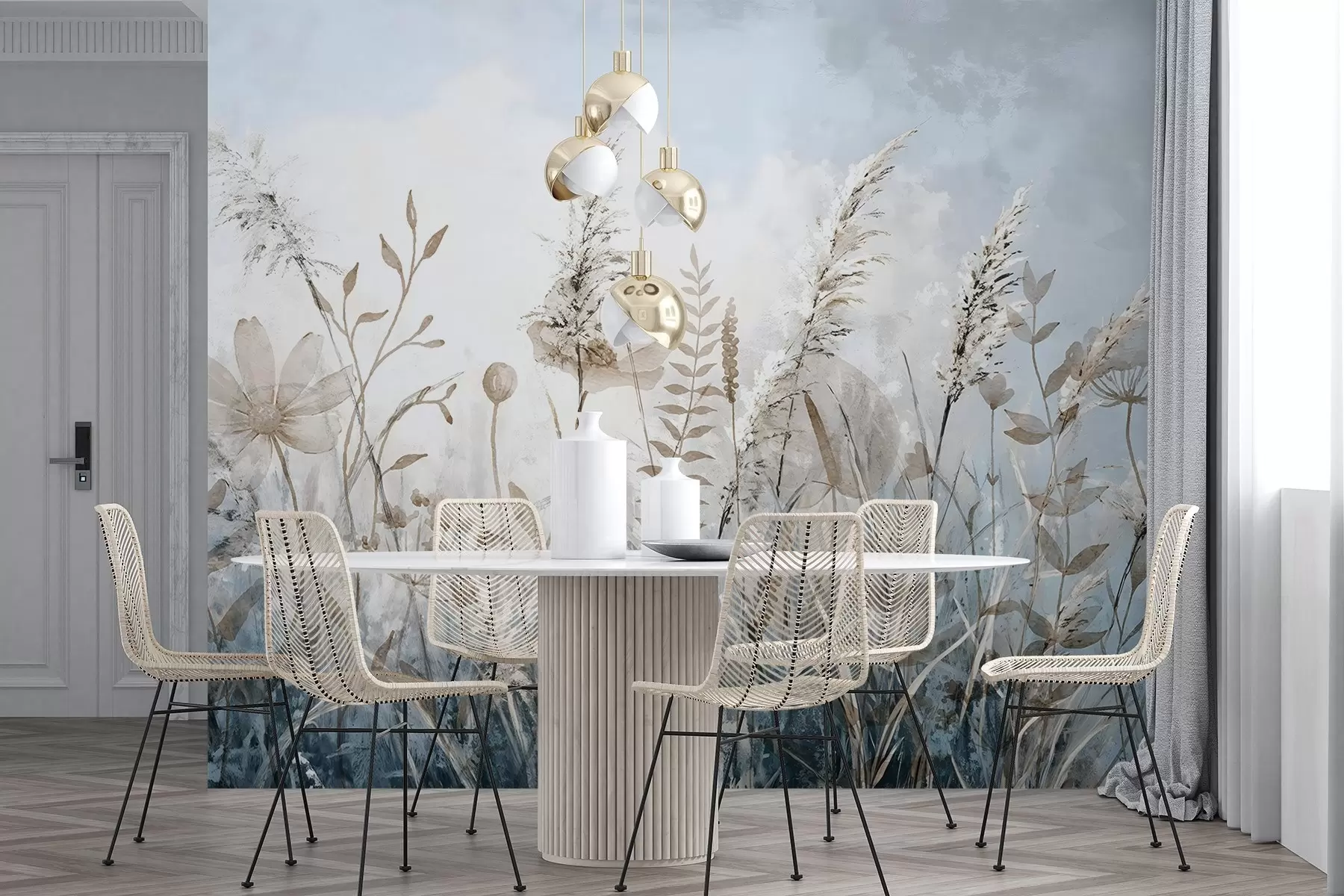 Fototapeedid Kõrge rohu, looduslike lehtede ja taimede pehme, vildakate tekstuuridega väli uduse, pilvise taeva taustal w08472