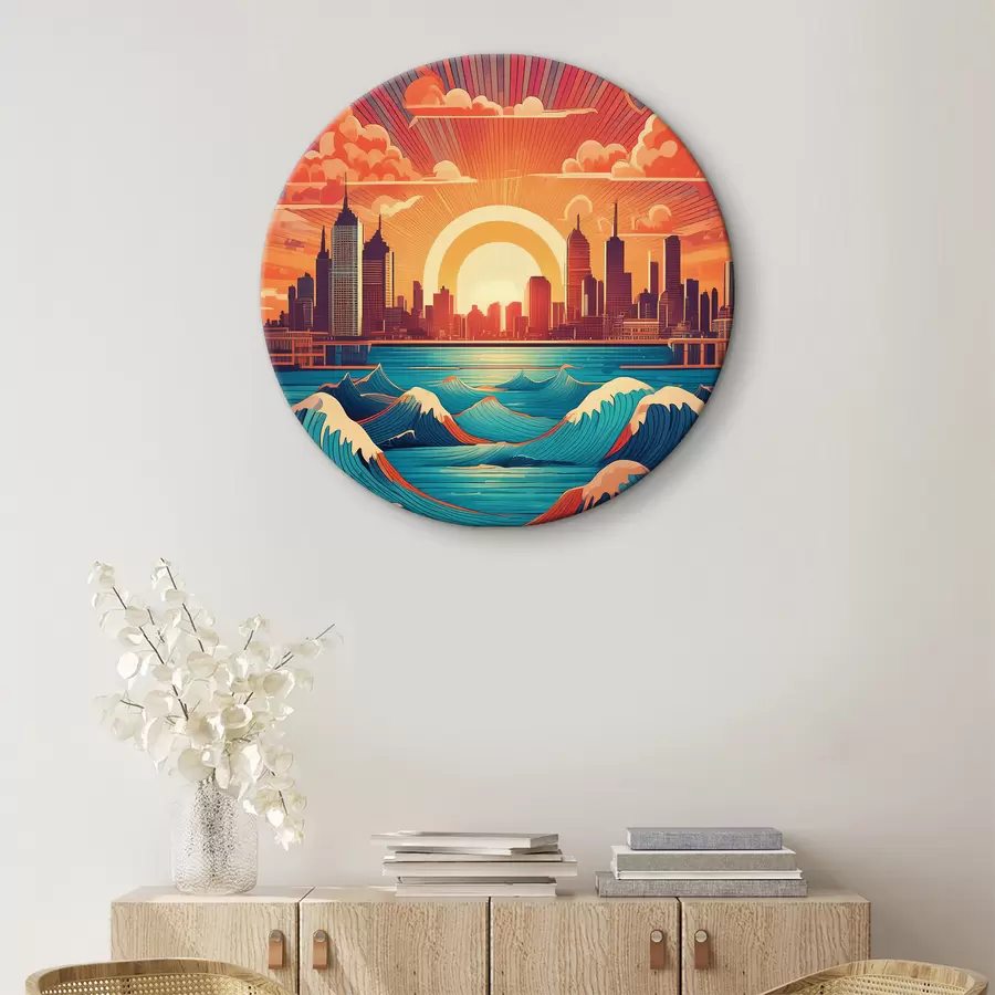 Pilt Päikesetõus linna kohal mere ääres retrostiilis joonistades r38810