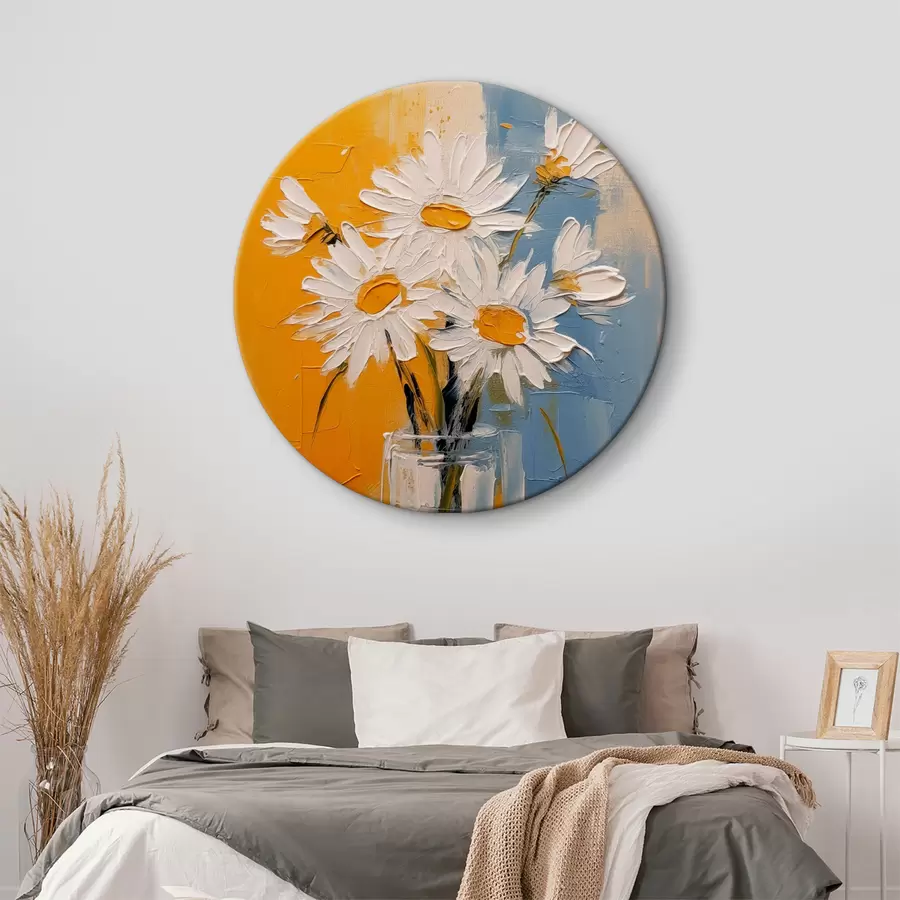 Pilt Valged karikakrad klaasvaasis sinisel ja kollasel taustal, õlimaali imitatsioon, suured jooned r38907