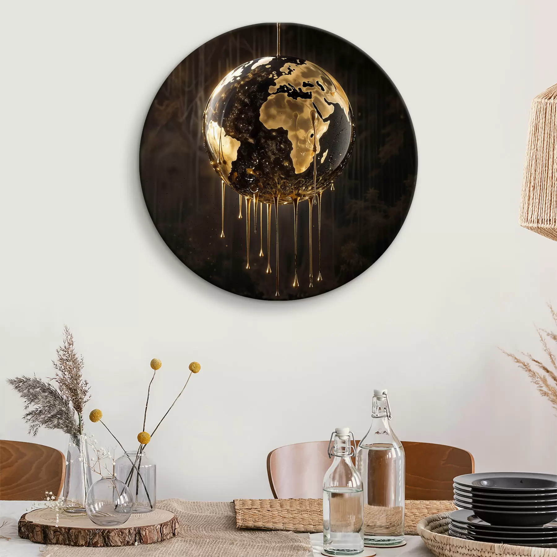 Pilt Hõõguv maakera, mis kujutab Maad, mida ümbritsevad tilkuvad vedelikud tumedal taustal r38983