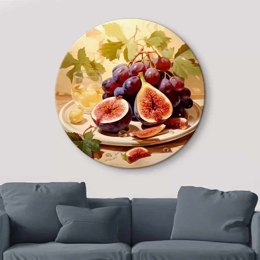 Pilt Natüürmort sinistest viinamarjadest ja lõigatud viigimarjadest taldrikul Õlimaal, beež ja roosa värv r39131