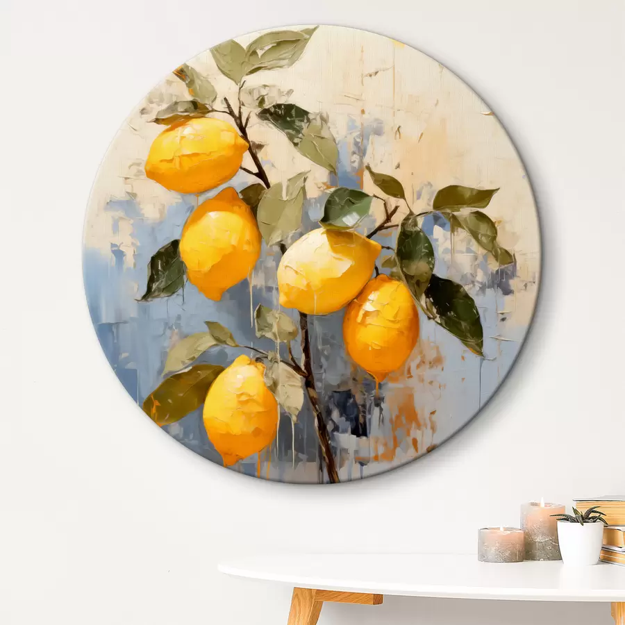 Pilt Oks küpsete sidrunitega õlimaal abstraktne kunst, kollane, sinine ja roheline värv r39186