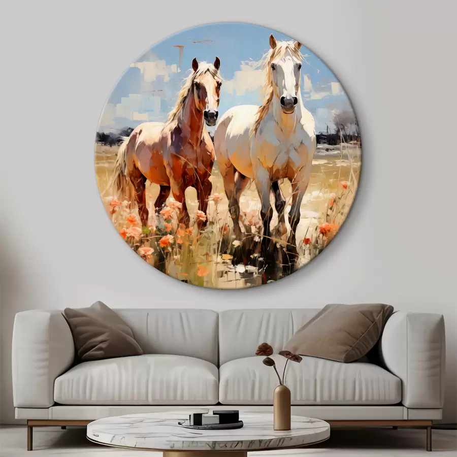 Pilt Valged ja pruunid hobused karjatavad heinamaal metsalillede vahel õlimaal abstraktset kunsti r39187