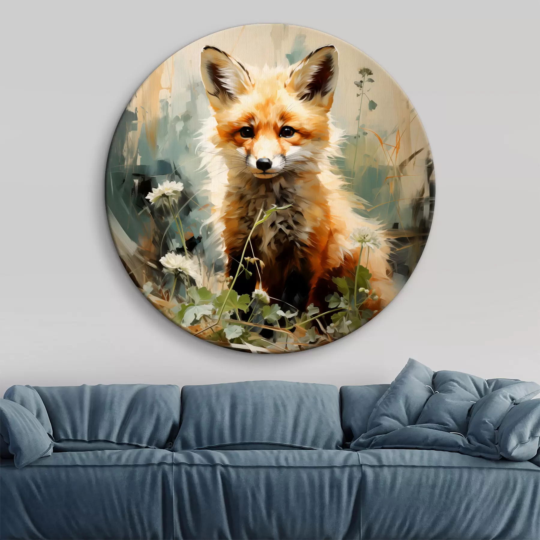 Pilt Punane rebane istub kuivas rohus rohelisel taustal õlimaal r39191