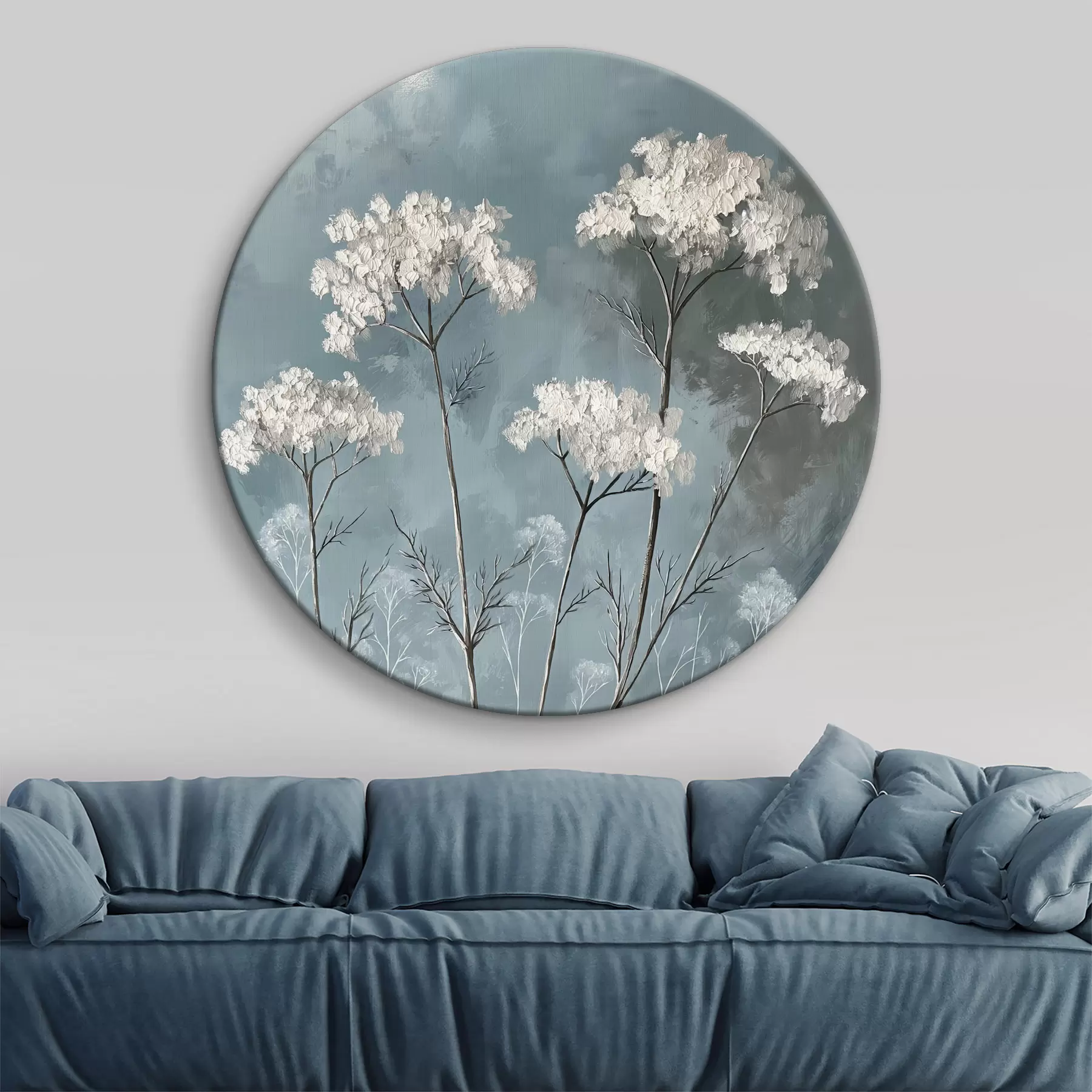 Pilt õlimaal õrnadest valgetest lilledest sinisel taustal r39325