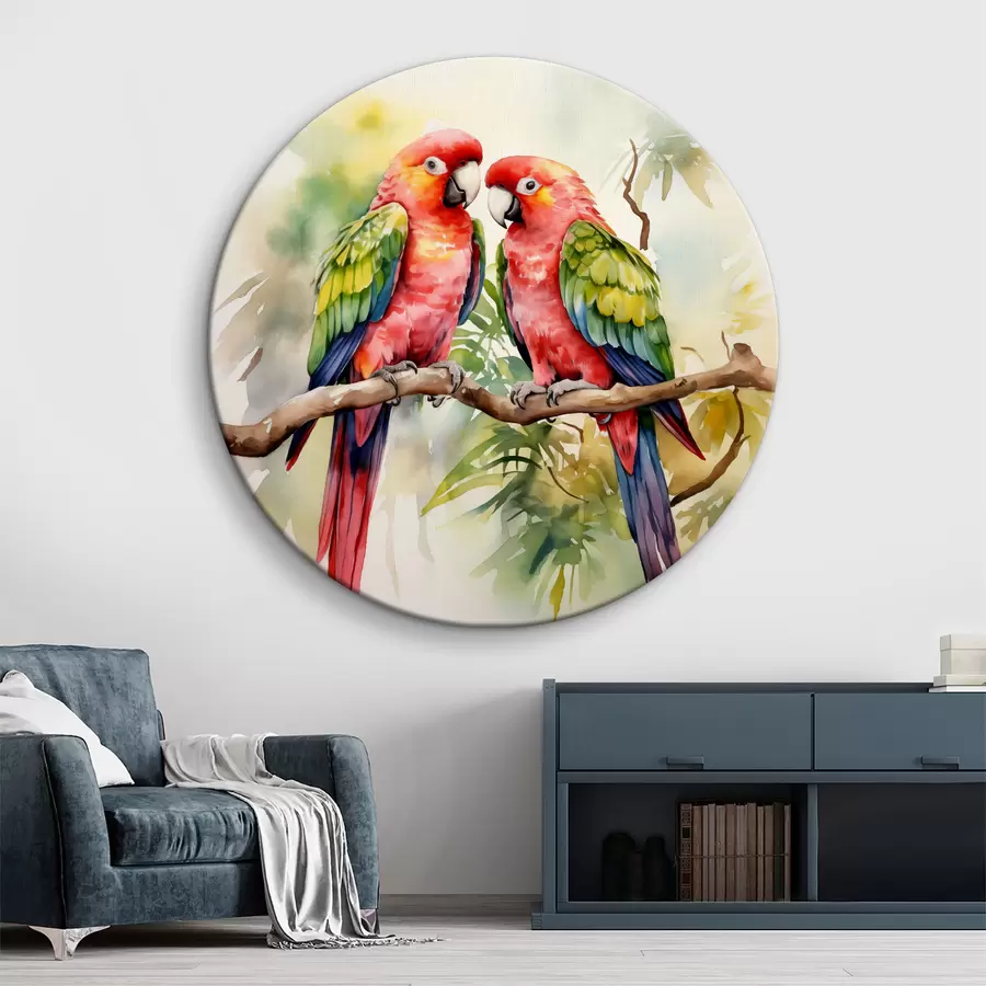 Pilt Kaks säravat arapapagoi ühel oksal istuvad akvarell r39333