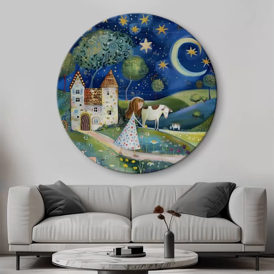 Pilt Väike printsess, koer, lehm ja fantaasiamaja tähtede all kummalises naiivses kunstistiilis r39451