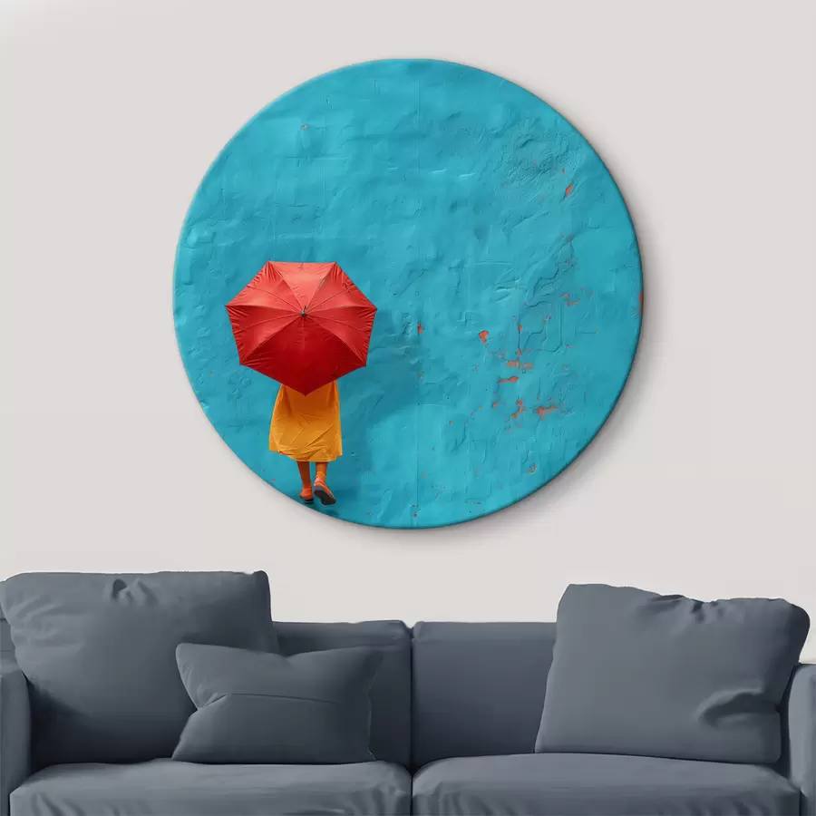 Pilt Minimalistlik pilt kollases tüdrukust vihmavarjuga seina lähedal r39731