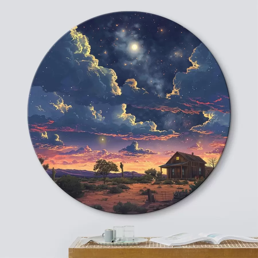 Pilt Talumaja kõrbes, tähistaevas, päikeseloojanguvärvid, loodusmaastik r39770