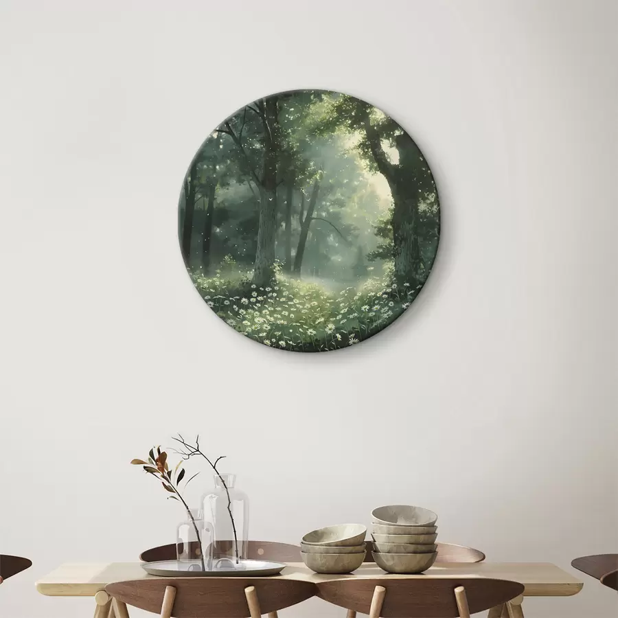 Fototapeedid Tihe mets päikesevalguse puude sees, kummeliõied, roheline muru, loodus r40224