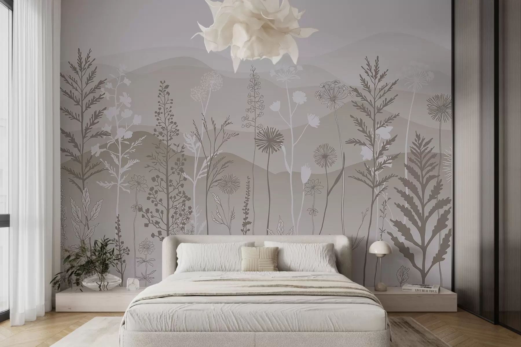 Fototapeedid ökostiilis tapeet, metslilled helepruunides toonides w02443v1