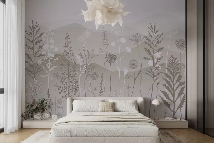 Fototapeedid ökostiilis tapeet, metslilled helepruunides toonides w02443v1