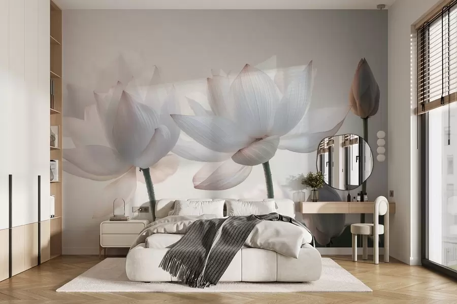 Fototapeedid Õrnad lootoslilled koos kroonlehtede ja lehtedega w08488