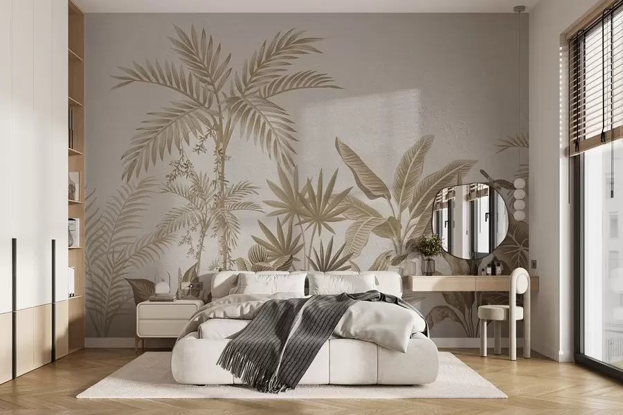 Fototapeedid Troopiline džungel palmide ja lindudega seepia toonides w08496v1